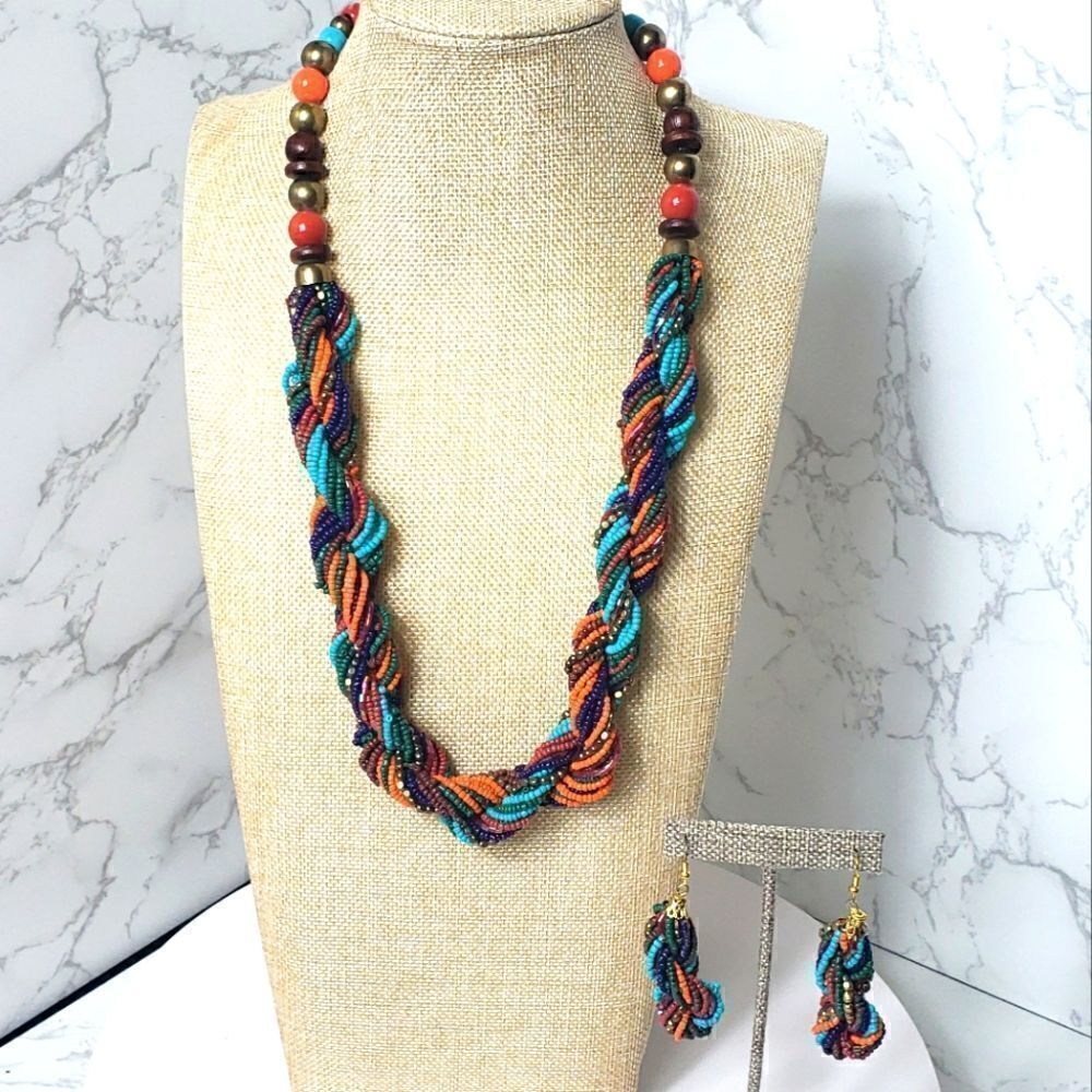 TWISTED SEED BEAD Necklace and Earrings Set Vibrant Colors
